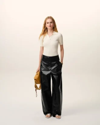 Pantaloni con cintura avvolgente in pelle di agnello nera