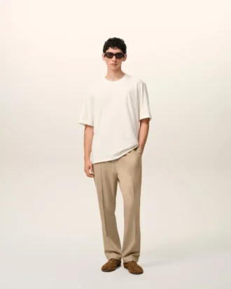 Pantaloni in lana beige con elastico in vita