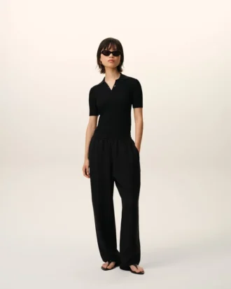 Pantaloni in misto lino nero con vita elasticizzata