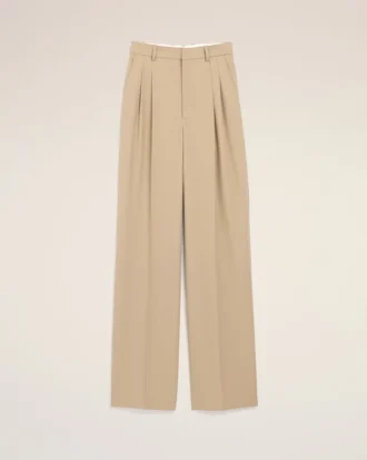 Pantaloni larghi a vita alta in lana vergine beige con due pieghe