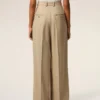 Pantaloni larghi a vita alta in lana vergine beige con due pieghe