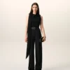 Pantaloni larghi a vita alta in lana vergine nera