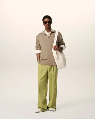 Pantaloni larghi a vita bassa in lana vergine verde