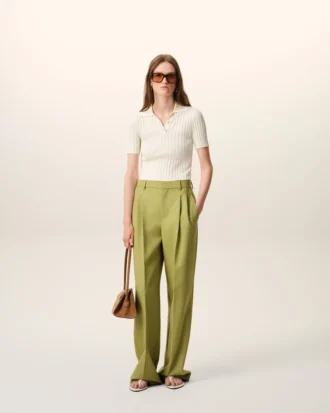 Pantaloni larghi a vita bassa in lana vergine verde