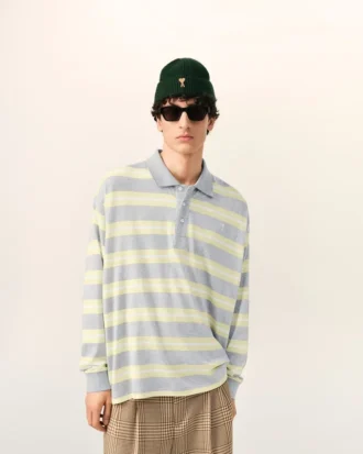 Polo in cotone a righe grigie e gialle