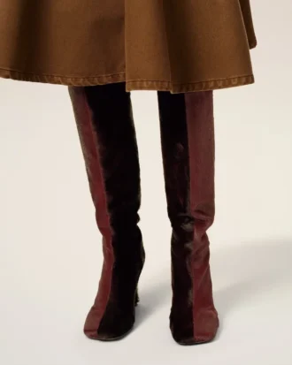 Stivali alti al ginocchio bicolori in pelle bordeaux