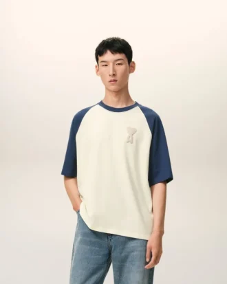 T-shirt Ami de Coeur in cotone bianco e blu con toppa in maglia