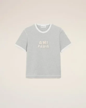 T-shirt grigia in cotone Ami Paris con toppa lavorata a maglia