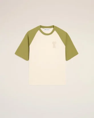 T-shirt in cotone bianco e verde con toppa Ami de Coeur lavorata a maglia