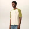 T-shirt in cotone bianco e verde con toppa Ami de Coeur lavorata a maglia