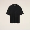 T-shirt nera in raso a maniche corte con dettagli a costine