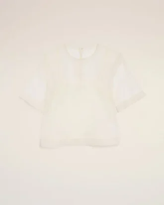 Top bianco in seta a maniche corte trasparente con sottotop