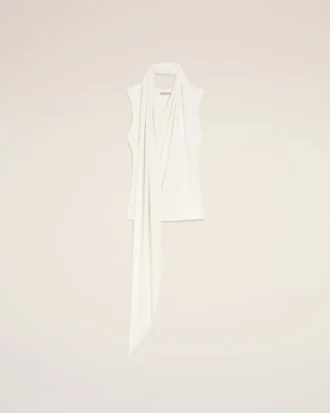 Top bianco senza maniche in jersey con scollo lavallière